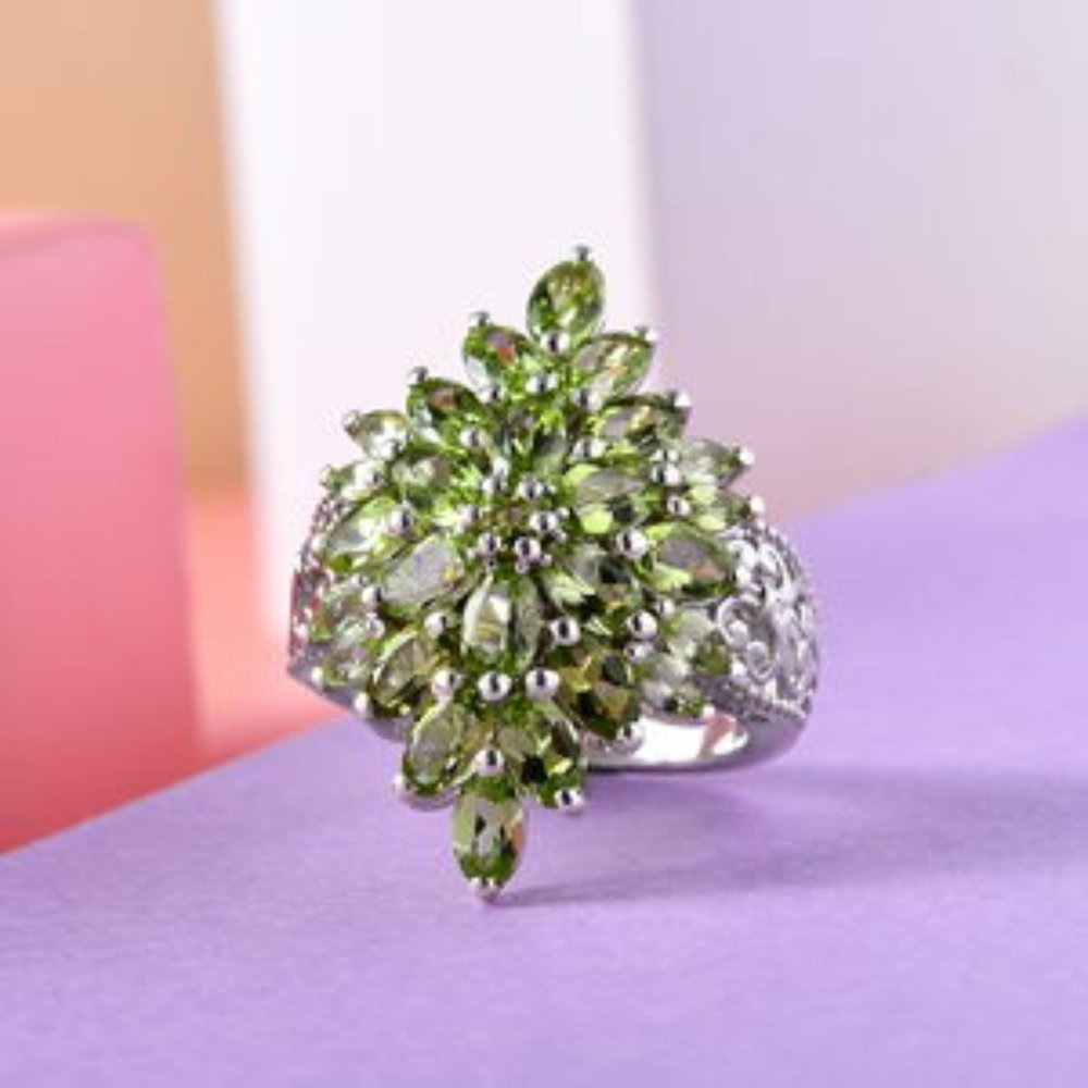 American Natural Arizona Peridot Floral Spray Ring in Platinum Over Sterling Sil - Picture 2 of 6